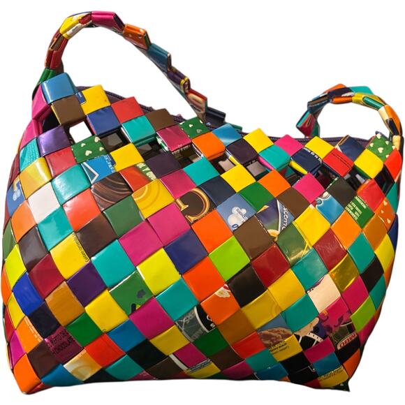 Handmade Recycled Candy Wrapper Woven Tote Bag, Multicolor, Eco-Friendly - Picture 2 of 4